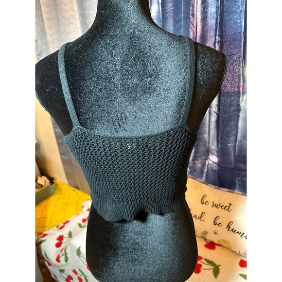 American Eagle Knitted Crop Top  Black Embroidered Flowers Y2K Festival Summer - Picture 3 of 7